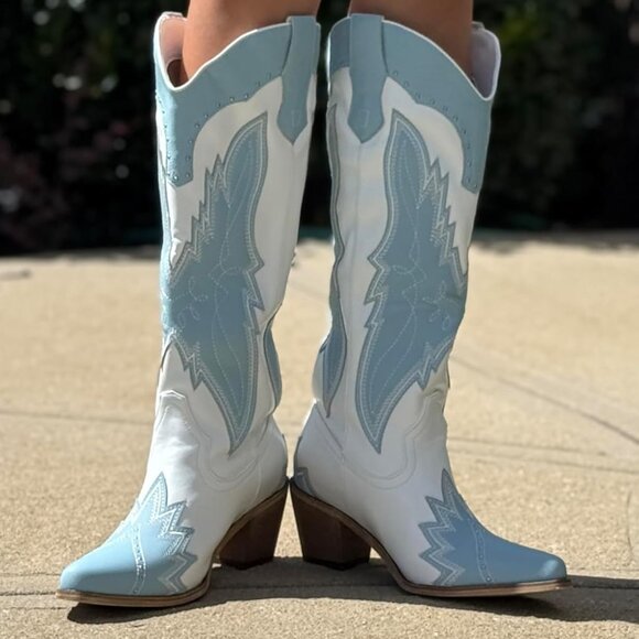 🆕Women's Blue Rubber Western Embroidered Cowgirl Knee High Chunky Heel Boots